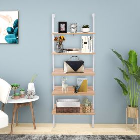 5-Shelf Wood Ladder Bookcase with Metal Frame, Industrial 5-Tier Modern Ladder Shelf Wood Shelves,Walnut