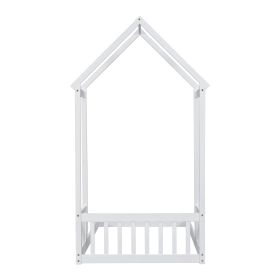 Twin House-shaped Roof Headboard Floor Bed,,(without slats),White