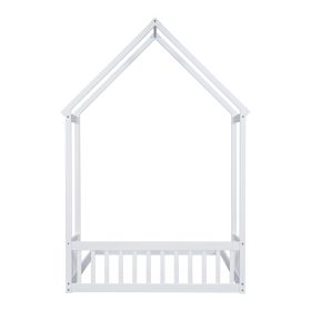 Full Roof-framed Headboard Floor Bed with Headboard Guardrails, without Slats White