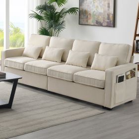 [VIDEO provided] [New] 104" 4-Seater Modern Linen Fabric Sofa with Armrest Pockets and 4 Pillows,Minimalist Style Couch for Living Room, Apartment, Of