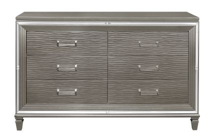 Silver Gray Metallic Finish Glam Style Dresser of 6 Drawers Wooden 1pc Modern Bedroom Furniture Acrylic Hardware Beveled Mirror Trim