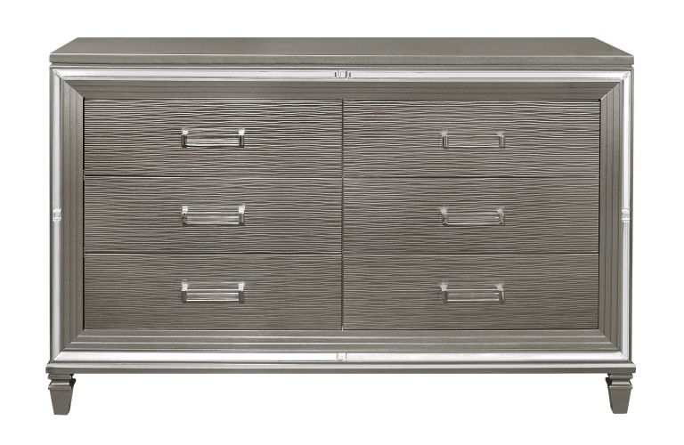 Silver Gray Metallic Finish Glam Style Dresser of 6 Drawers Wooden 1pc Modern Bedroom Furniture Acrylic Hardware Beveled Mirror Trim