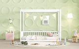 Twin Size Canopy Frame Floor Bed with Fence, Guardrails,White