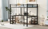 Full Metal Loft Bed with Desk and Shelves, Loft Bed with Ladder and Guardrails, Loft Bed Frame for Bedroom, Black with Vintage wood-colored desk