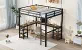 Full Metal Loft Bed with Desk and Shelves, Loft Bed with Ladder and Guardrails, Loft Bed Frame for Bedroom, Black with Vintage wood-colored desk