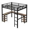 Full Metal Loft Bed with Desk and Shelves, Loft Bed with Ladder and Guardrails, Loft Bed Frame for Bedroom, Black with Vintage wood-colored desk