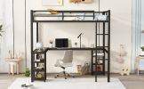 Full Metal Loft Bed with Desk and Shelves, Loft Bed with Ladder and Guardrails, Loft Bed Frame for Bedroom, Black with Vintage wood-colored desk