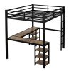 Full Metal Loft Bed with Desk and Shelves, Loft Bed with Ladder and Guardrails, Loft Bed Frame for Bedroom, Black with Vintage wood-colored desk