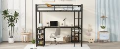 Full Metal Loft Bed with Desk and Shelves, Loft Bed with Ladder and Guardrails, Loft Bed Frame for Bedroom, Black with Vintage wood-colored desk
