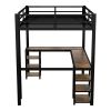Full Metal Loft Bed with Desk and Shelves, Loft Bed with Ladder and Guardrails, Loft Bed Frame for Bedroom, Black with Vintage wood-colored desk