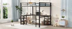 Full Metal Loft Bed with Desk and Shelves, Loft Bed with Ladder and Guardrails, Loft Bed Frame for Bedroom, Black with Vintage wood-colored desk
