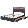Full Size Upholstered Platform Bed with Storage Headboard, LED, USB Charging and 2 Drawers, Dark Gray