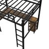 Full Metal Loft Bed with Desk and Shelves, Loft Bed with Ladder and Guardrails, Loft Bed Frame for Bedroom, Black with Vintage wood-colored desk
