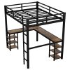 Full Metal Loft Bed with Desk and Shelves, Loft Bed with Ladder and Guardrails, Loft Bed Frame for Bedroom, Black with Vintage wood-colored desk
